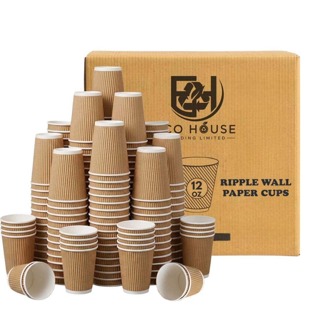 ECO House - 200 x Kraft 12oz Ripple Cups - 3 Ply Insulated Paper Cups - Disposable Paper Hot Coffee Tea Drinking Cups (NO Lids)