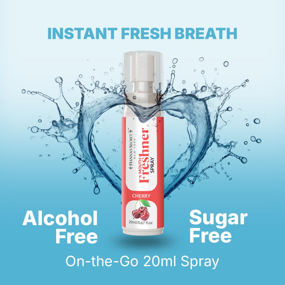 HANNAS Secret Mouth Freshener Spray | Long-Lasting Fresh Breath On-The-Go | Sugar-Free & Alcohol-Free | Natural Mint Flavor | Gentle Daily Oral Care Spray (Cherry Flavor, Pack Of 3)