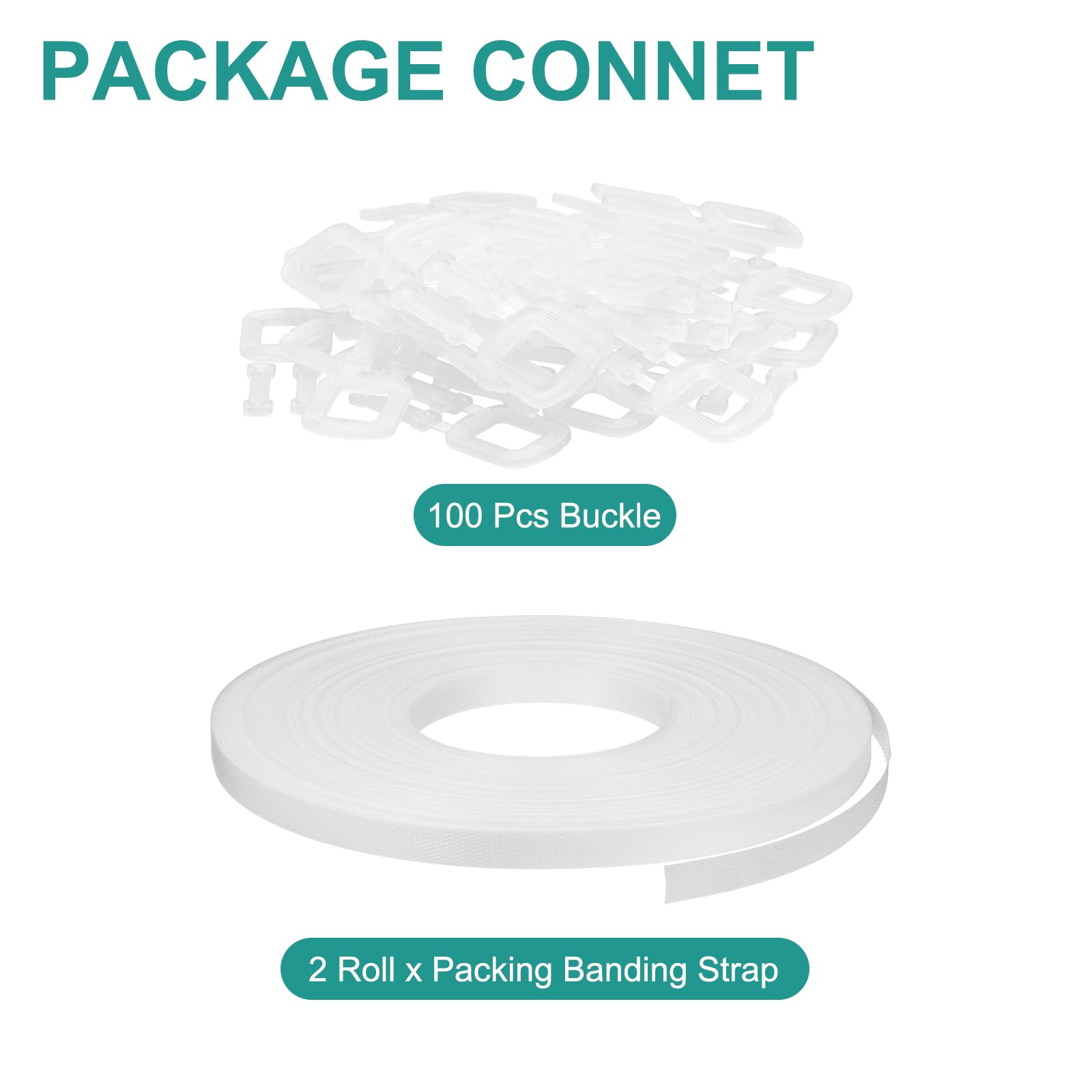 PATIKIL Kit De Banda De Embalaje Plástico De 110 Yardas, 2 Rollos De Banda De Embalaje Con 100 Hebillas Transparentes Herramienta Universal Para Cajas De Cartón Artículos De Madera, Blanco