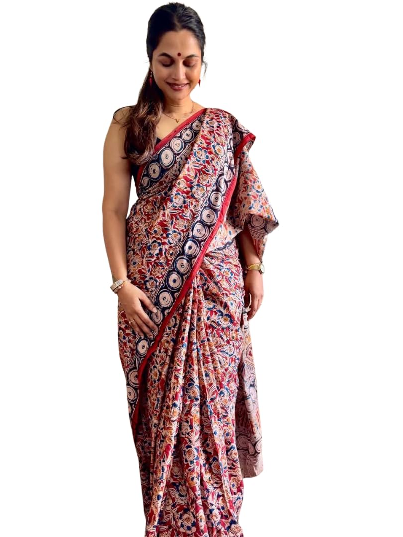 Women's Linen Saree with Floral and Kalamkari Print, Maroon Multi-Color, with Unstitched Blouse Piece attache-image-10
