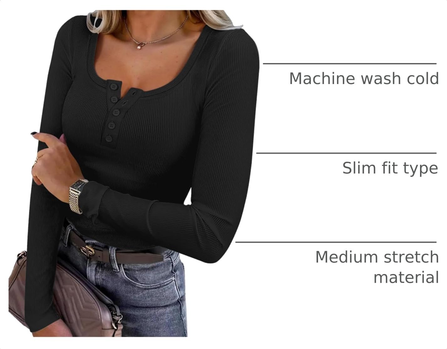 Women's Long Sleeve Henley Top Soft Ribbed Knit Slim Fit T-Shirt for Fall — view 4