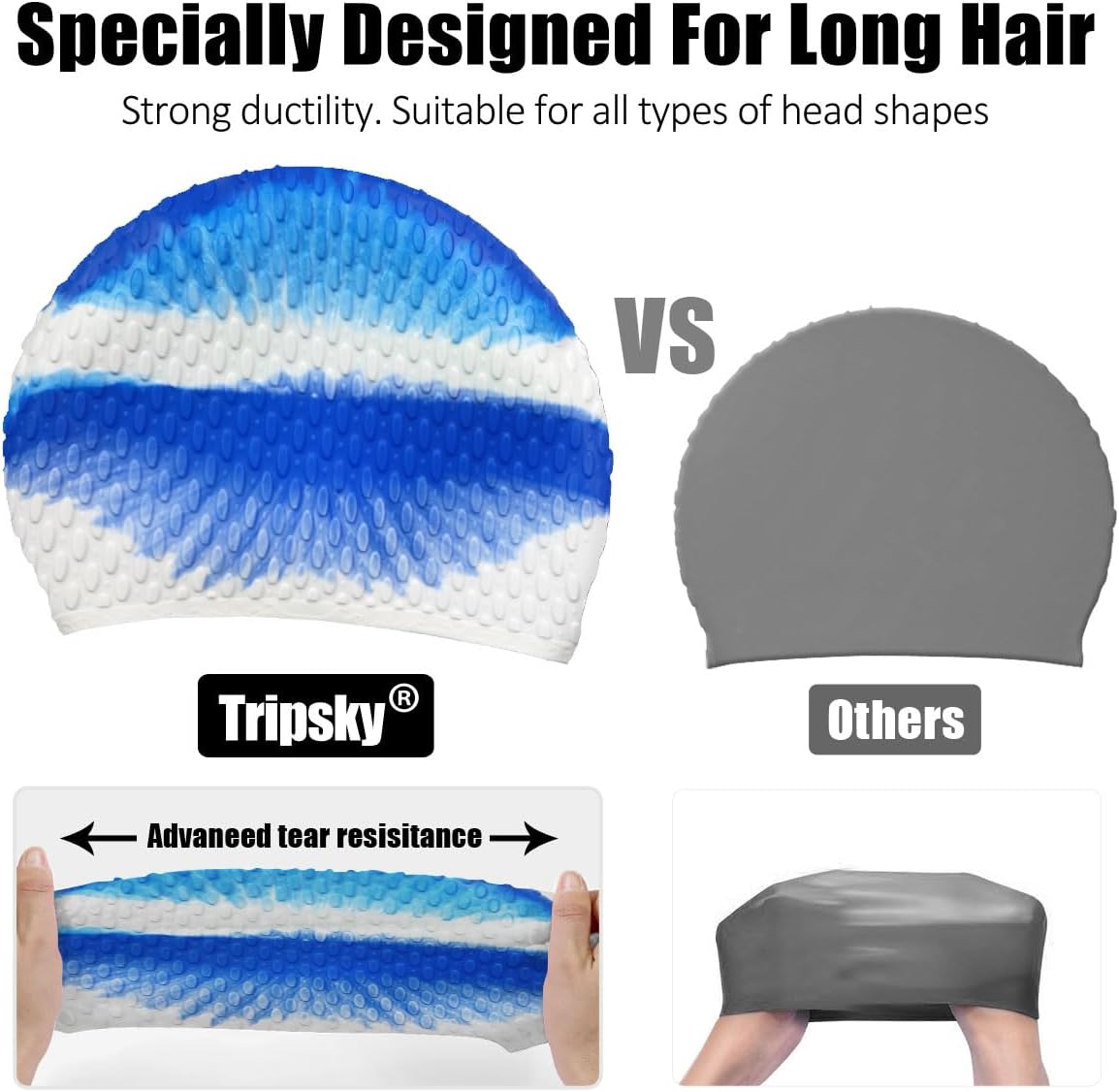 Comparison of Tripsky swim cap with advanced tear resistance versus a standard cap