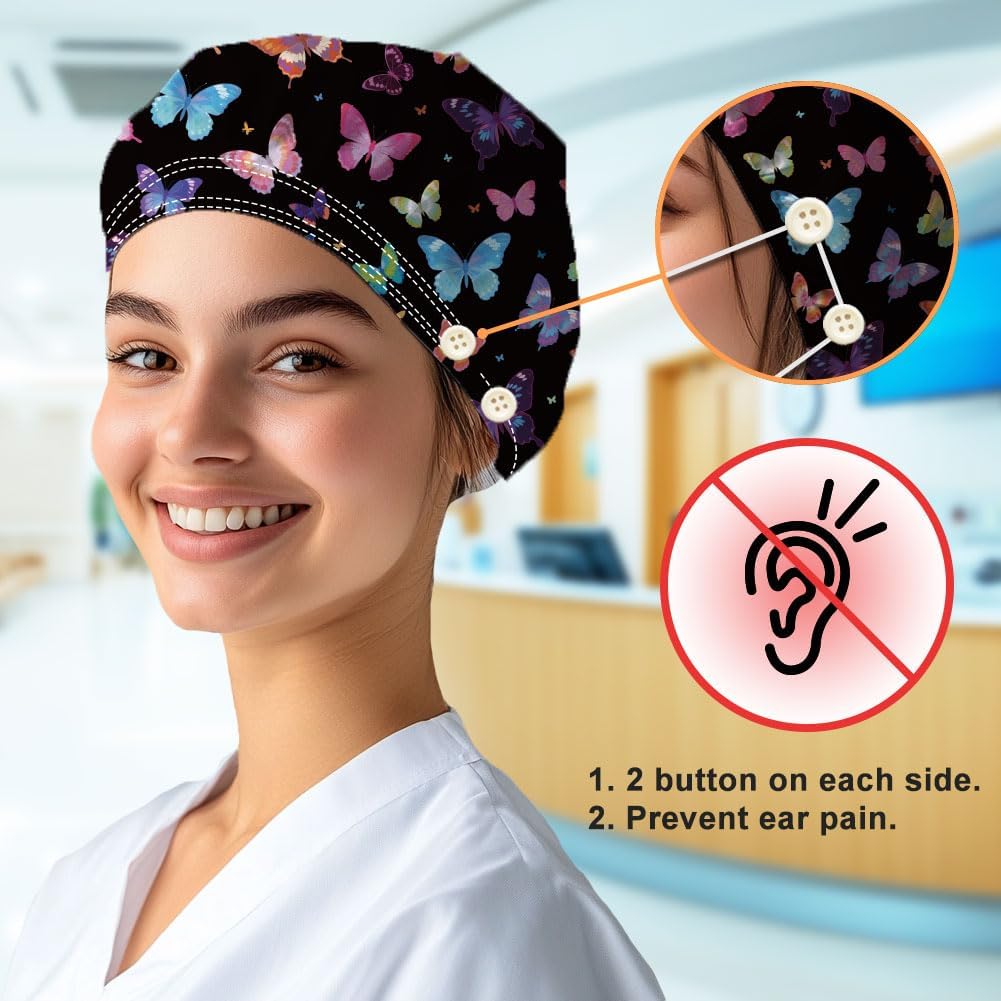 2Pcs Scrub Caps with 4 Buttons Adjustable Nursing Working Caps With Button Sweatband Bouffant for Women Men Doctor - Image 4