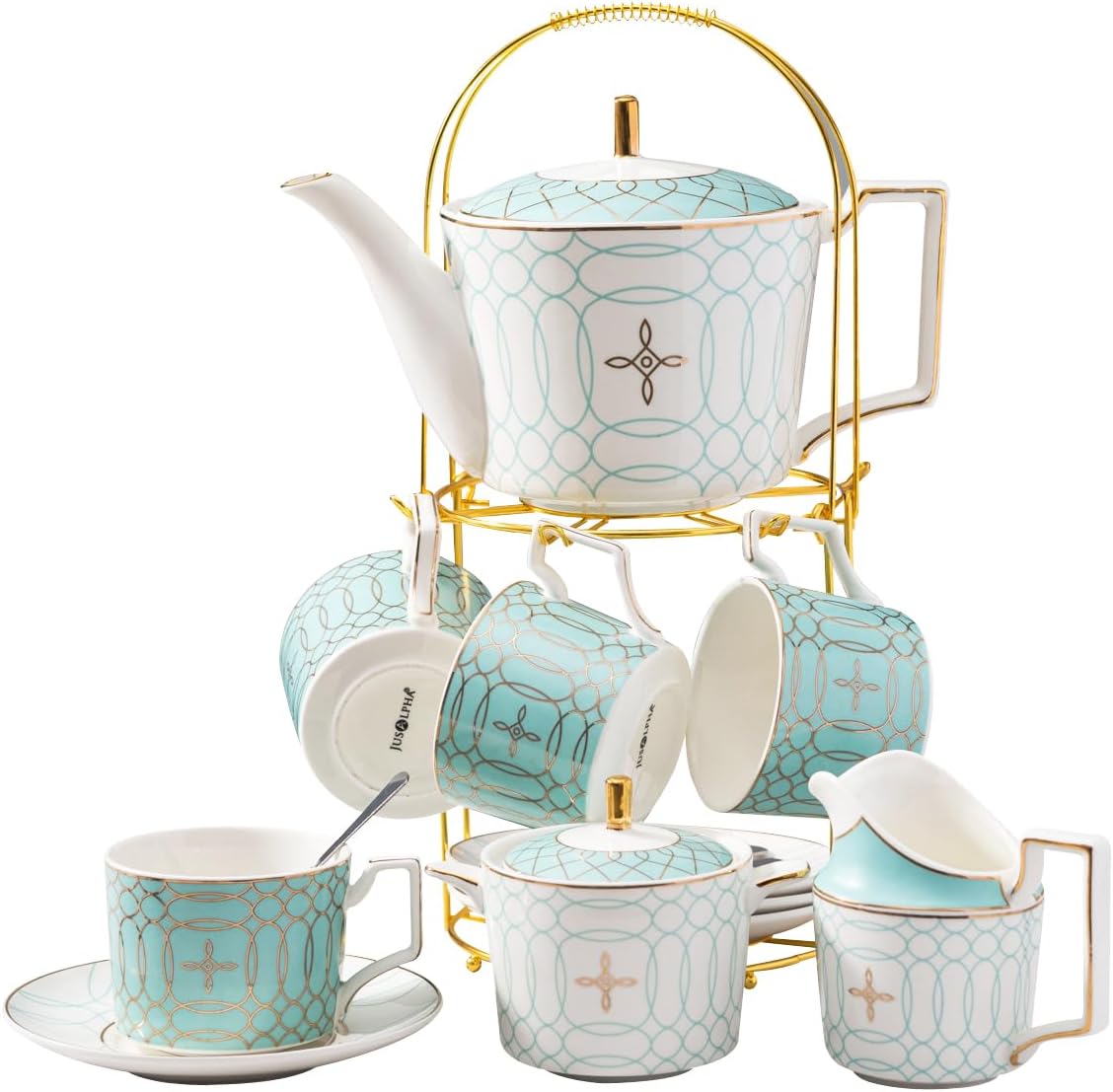 Jusalpha Fine China Blue Coffee Cup/Teacup Set, 8 OZ Cups& Saucer Service for 4, with Teapot-Sugar Bowl-Cream Pitcher Teaspoons and tea strainer for Tea/Coffee, 17-Pieces (Blue)