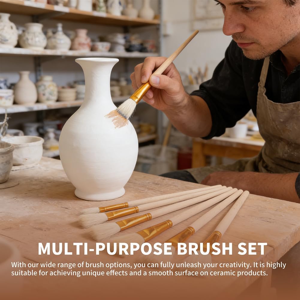 Pottery Glaze Brushes, Pottery Brushes for Glazing, 11 PCS Painting Ceramic Brush Set, Different Shape Wool Soft Bristle for Ceramic Potterys Glazing Creation, Acrylic, Watercolor