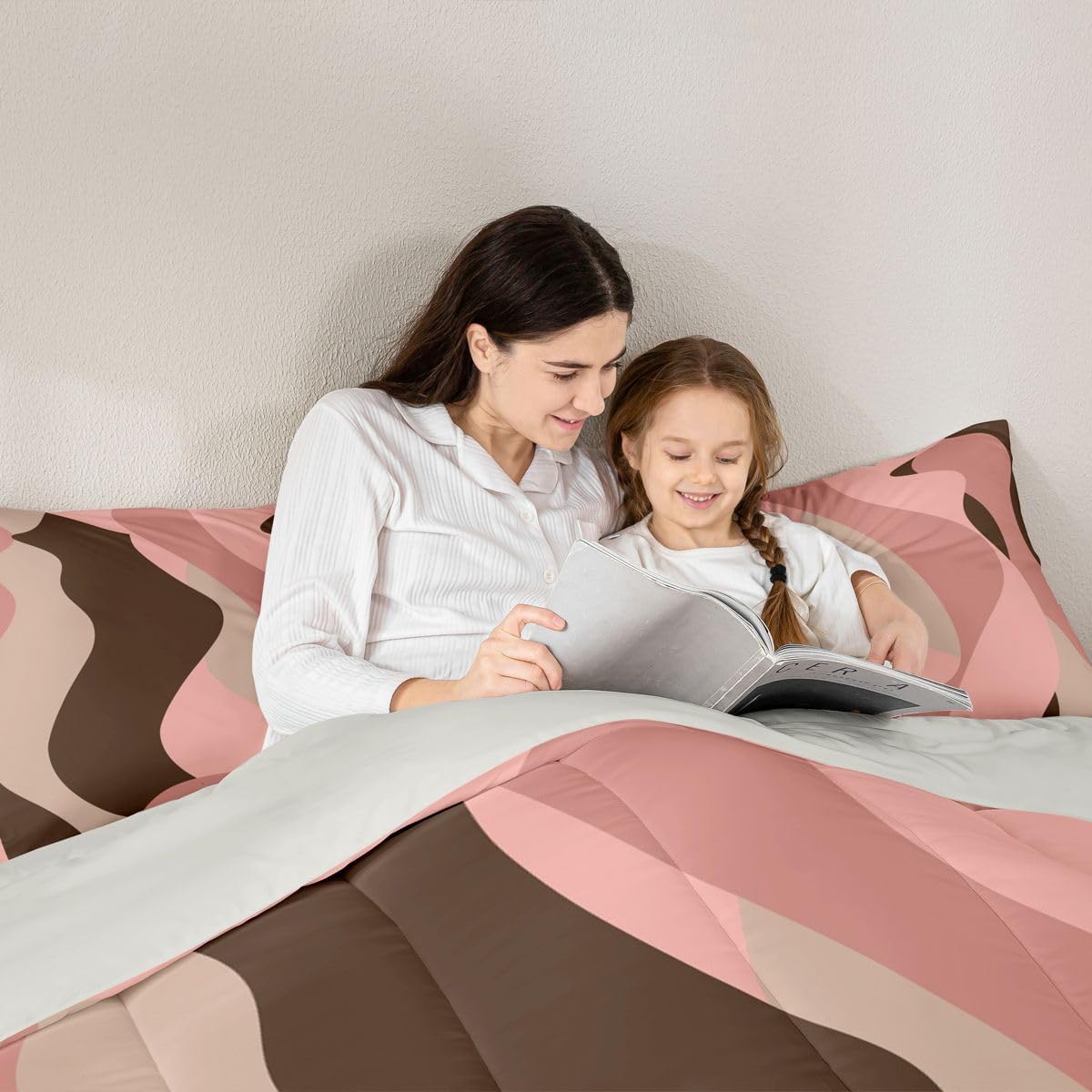 Erosebridal Pink and Brown Bedding Sets Abstract Geometric Girls Comforter Set Queen,Retro Pink Brown Waves Ombre Bedding Comforter Sets for Teen Adult Women Modern Fashion Quilt Set 2 Pillow Cases