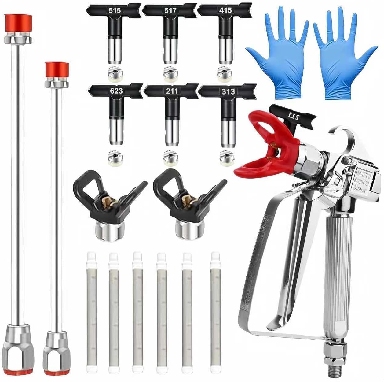18 Pcs Airless Paint Sprayer Gun Kit – 3600PSI Professional Spray Gun, 6 Reversible Tips (211/313/415/515/517/623), 2 Extension Rods, 6 Filters & 2 Nozzle Seat，a Pair of Gloves