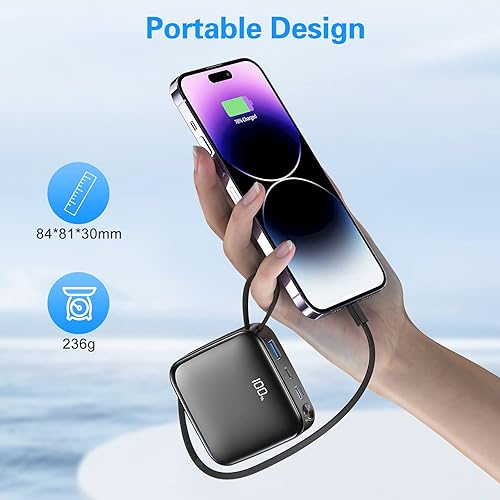 Miniatura 5 de 20000mAh Power Bank Carga rápida 22.5W 20W PD USB C Cargador portátil con cables integrados Batería externa universal Paquete de energía Banco de