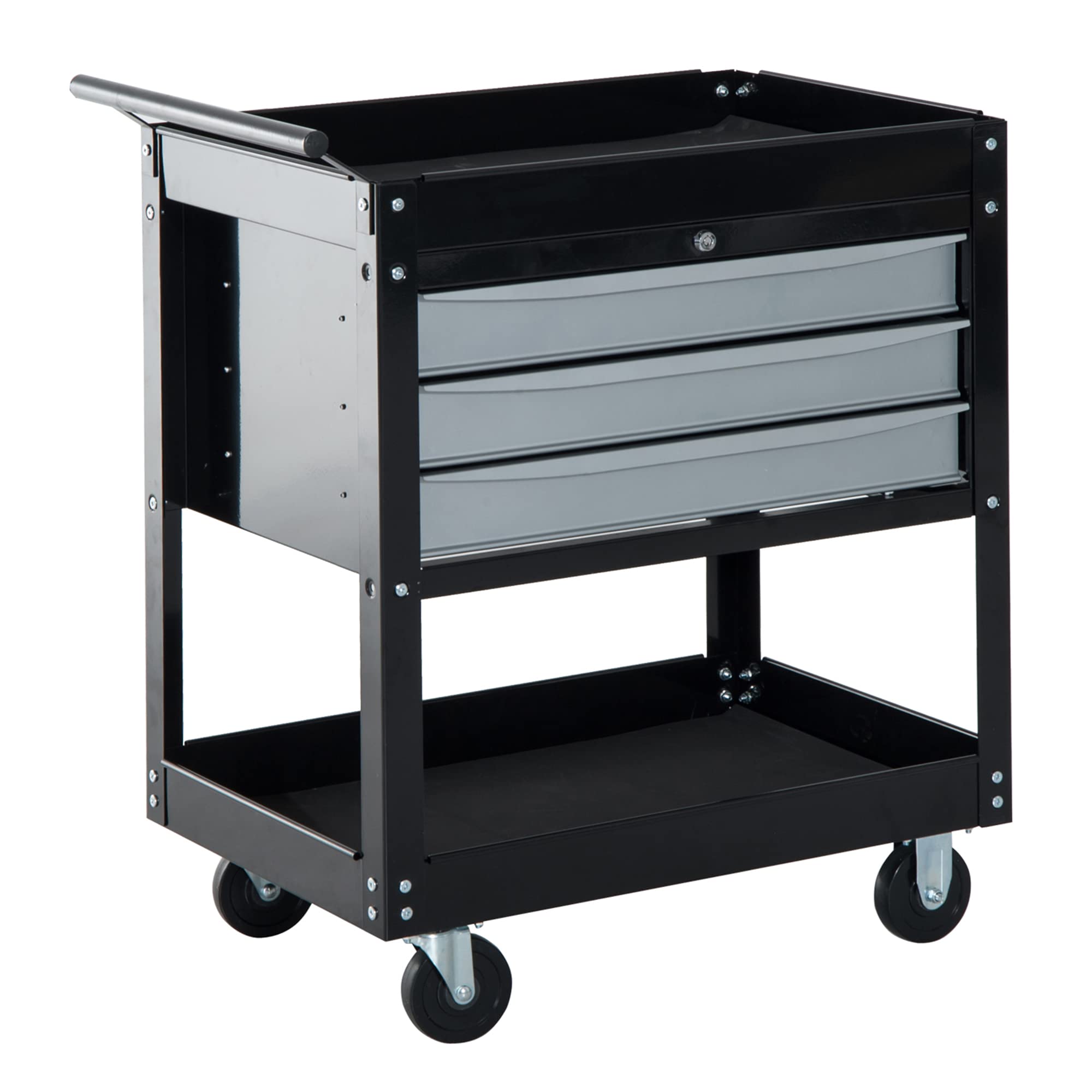 HOMCOM Carro de Herramientas Móvil con Ruedas 3 Cajones 2 Estanterías y 1 Cerradura Tipo Mueble de Almacenamiento para Taller Garaje y Hogar 68x46x88cm Chapa de Acero y Color Negro