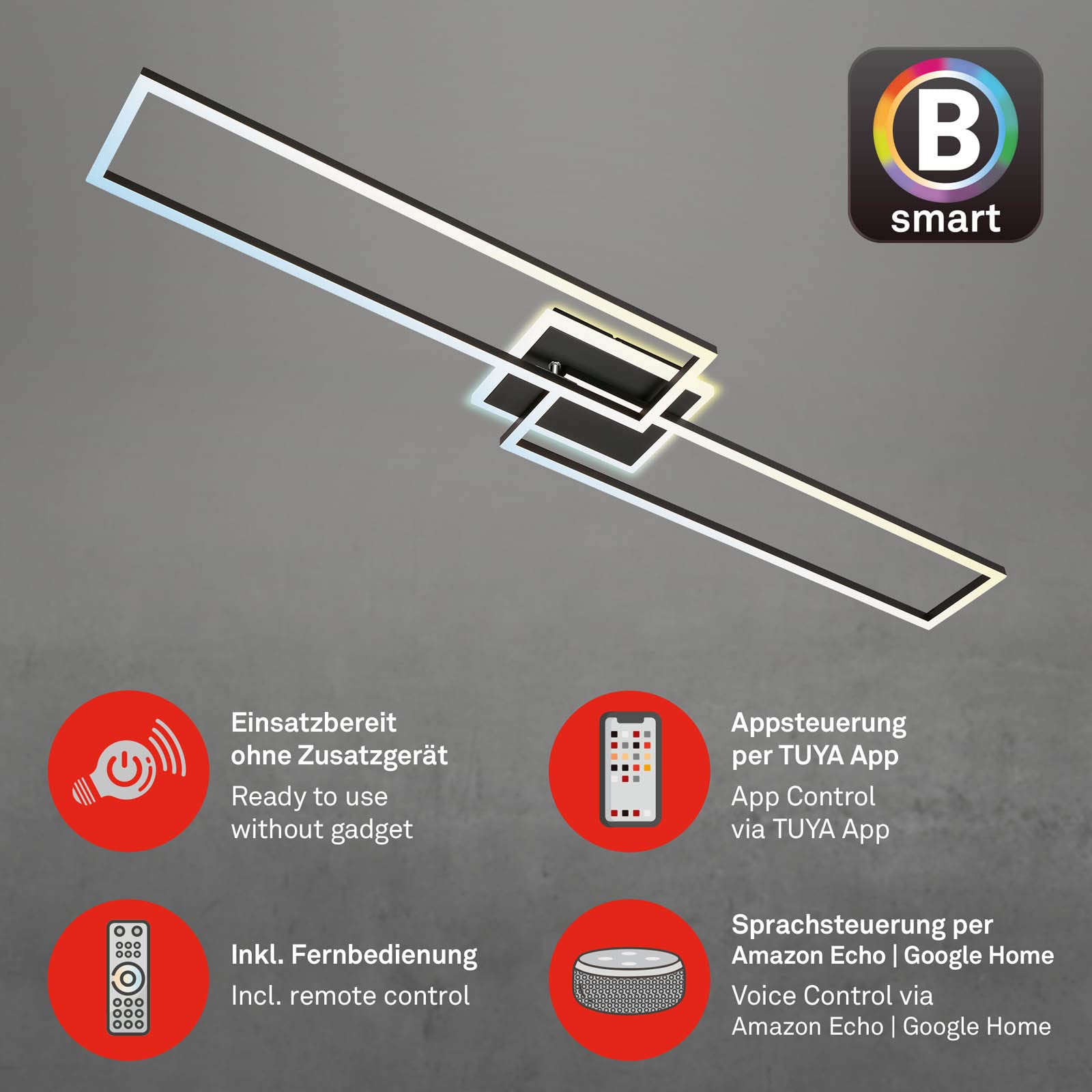 BRILONER - LED Deckenlampe Smart Home, funktioniert mit Alexa, Fernbedienung, LED Lampe, Deckenleuchte, Wohnzimmerlampe, Schlafzimmerlampe, Deckenbeleuchtung, 110x24,8x7,8 cm, Schwarz