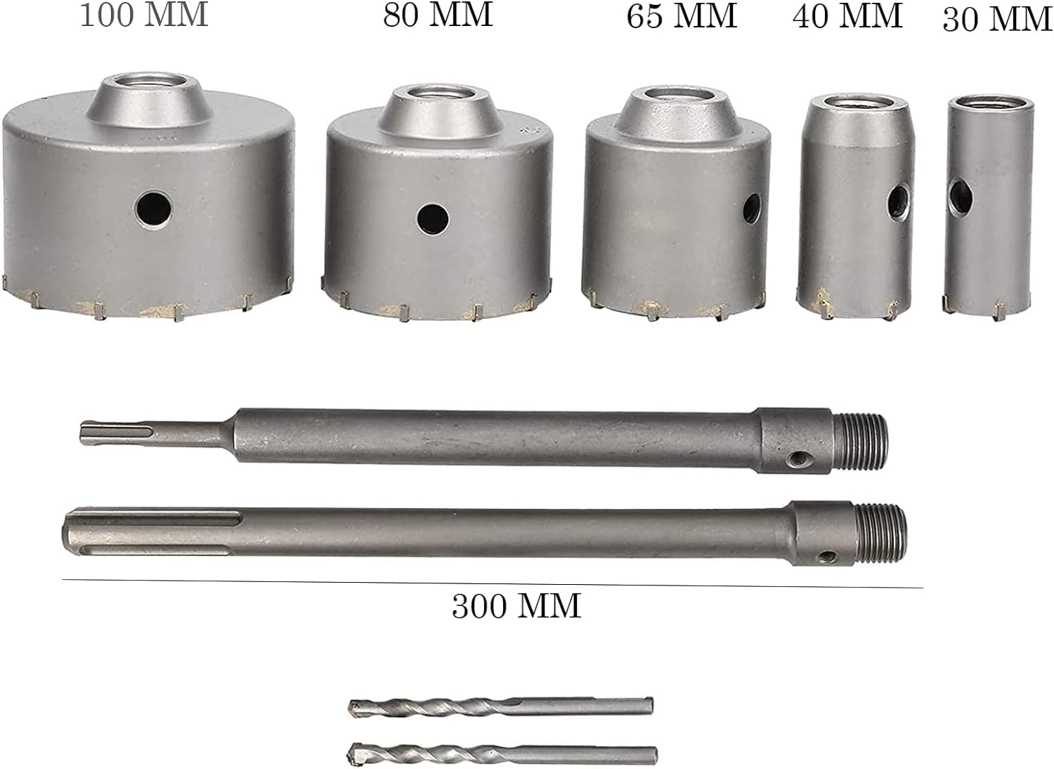 10 unidades para kit de 5 brocas widia para hormigon medida 30 40 65 80 100 mm dos soportes de montaje sds plus y sds Max 2 puntas de centrado + maleta de transporte