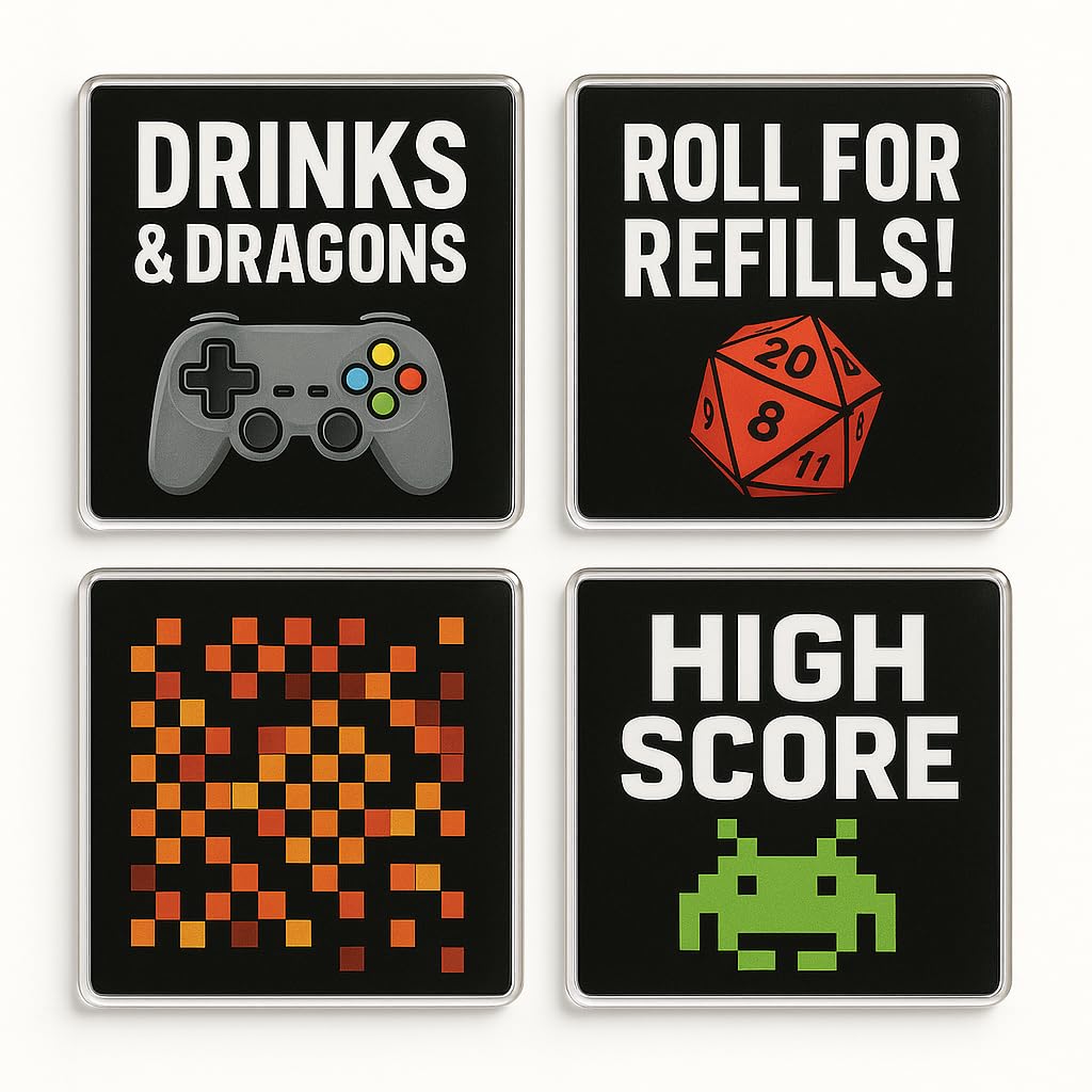 The Plum Penguin Boys Pixel Potion Play Acrylic Coaster Gift Set Of 4 With Gaming Theme - For Man Cave Decor Or Gamer Gift