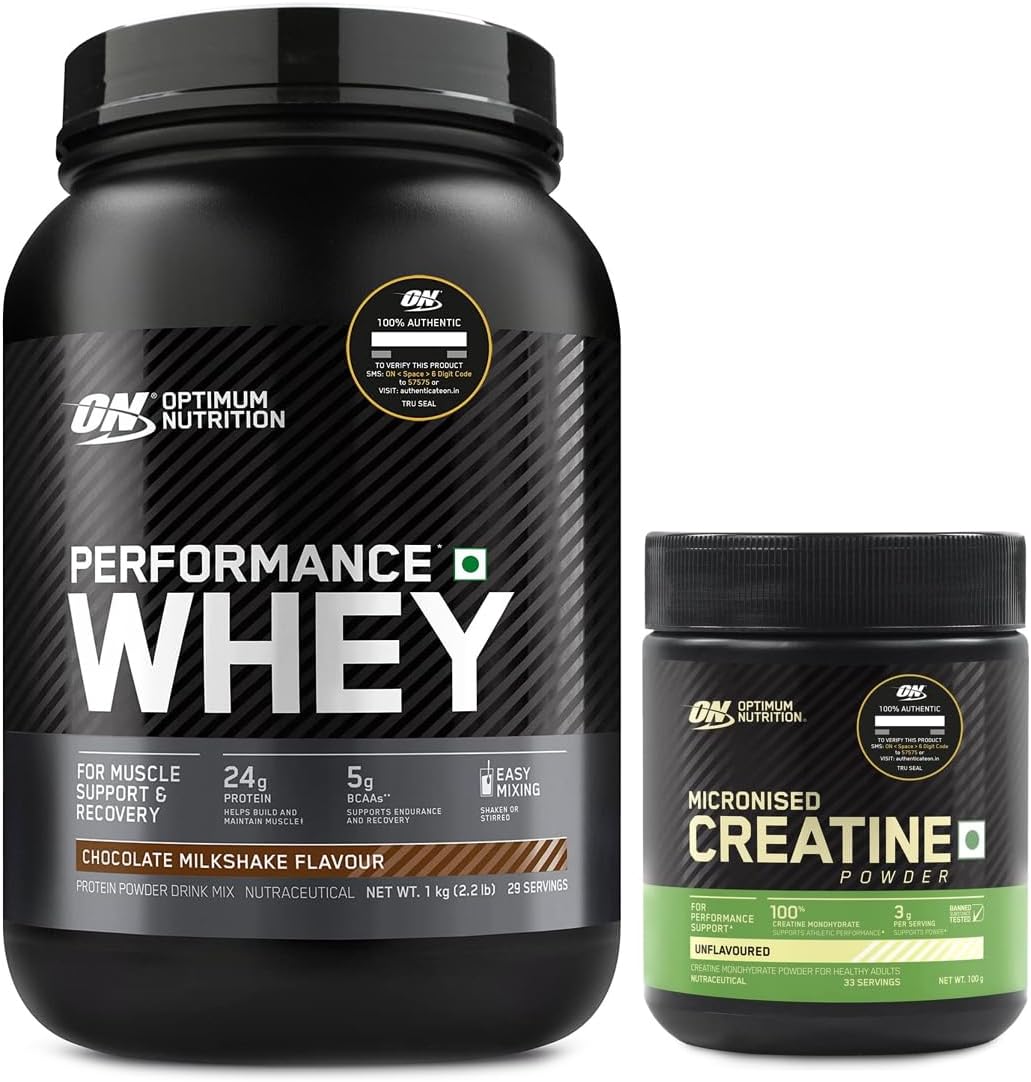 (On) Performance Whey Protein Powder, 24G Protein, 5G Bcaa (Chocolate Milkshake) 1Kilogram & Micronized Creatine Powder - 100 Gram, 33 Serves, Unflavored. Combo, 1 Scoop