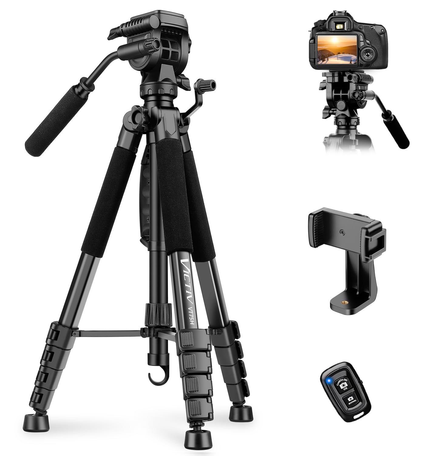 75” Camera Tripod Stand, Heavy Duty Tripod for Camera with Phone Holder and Travel Bag, Compatible with Video Camera, DSLR, Spotting Scopes, Camcorder, GoPro, Cell Phone, Max Load 11LB (Black)