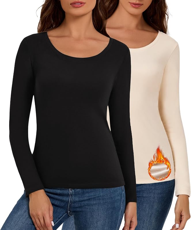 Bonneuitbebe Women's Thermal Shirt 2 Pack Long Sleeve Thermal Undershirt | Round Neck, 4 Way Stretch, Fleece Lined Undershirt, Soft Base Layer Tops for Cold Weather