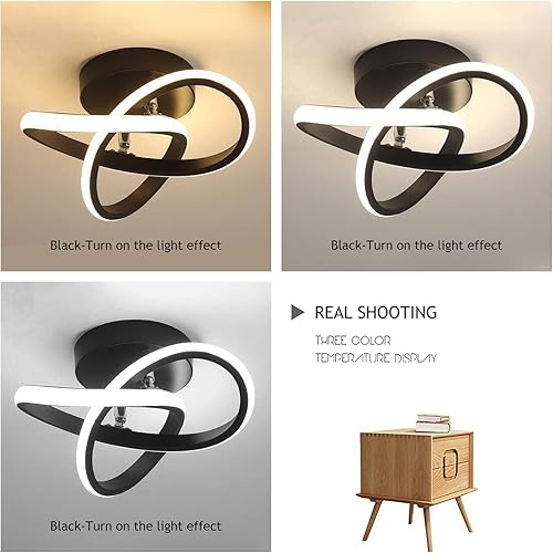 Miniatura 5 de Lámpara de techo LED de diseño en espiral negra, moderna, 2 anillos, de hierro, semiempotrada, diseño entrelazado de línea redonda con mini lámpara