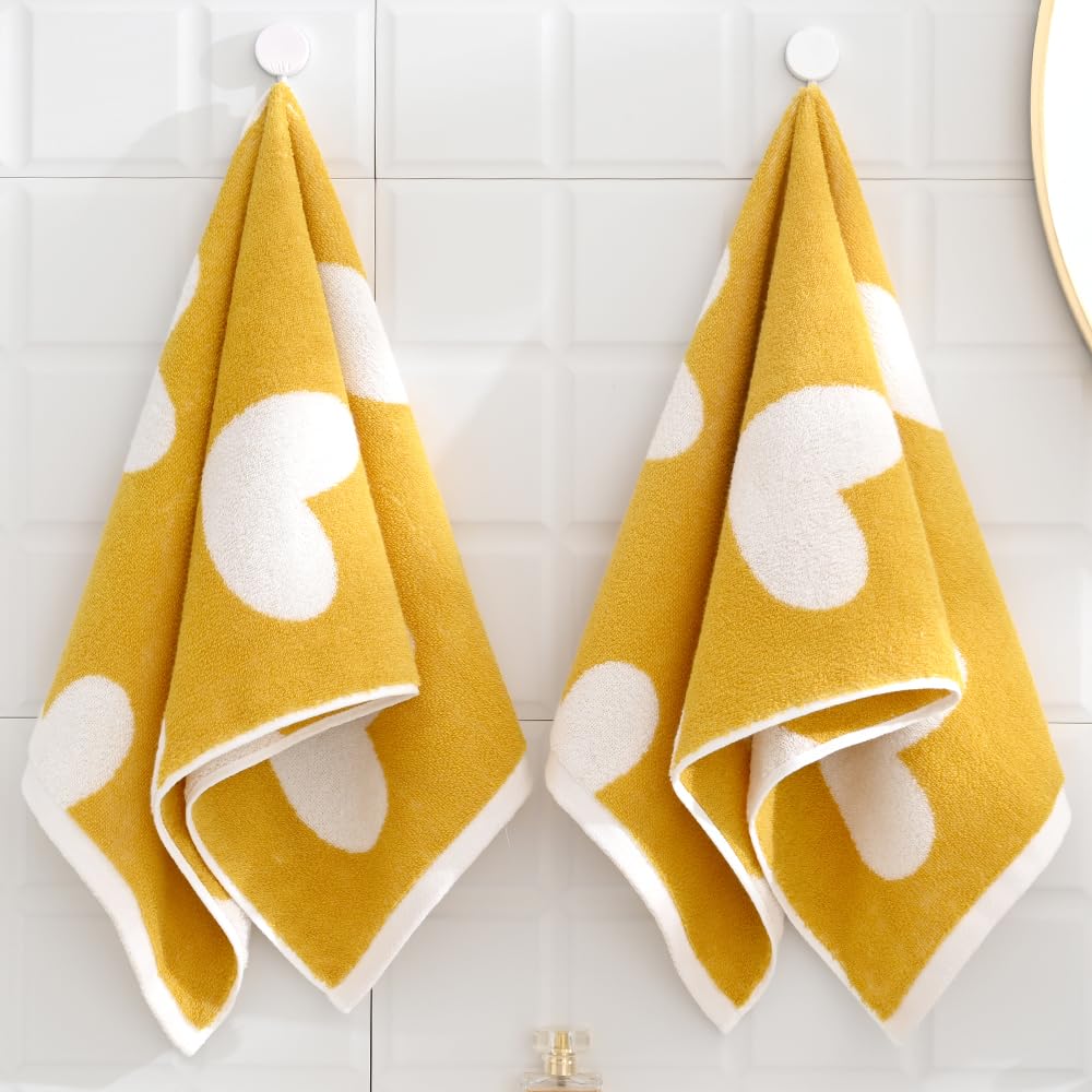 sense gnosis Yellow Hand Towel Set of 2 Heart Pattern Super Soft 100% Cotton Absorbent Decorative Hand Towel for Bathroom 13 x 29 Inch - Image 3