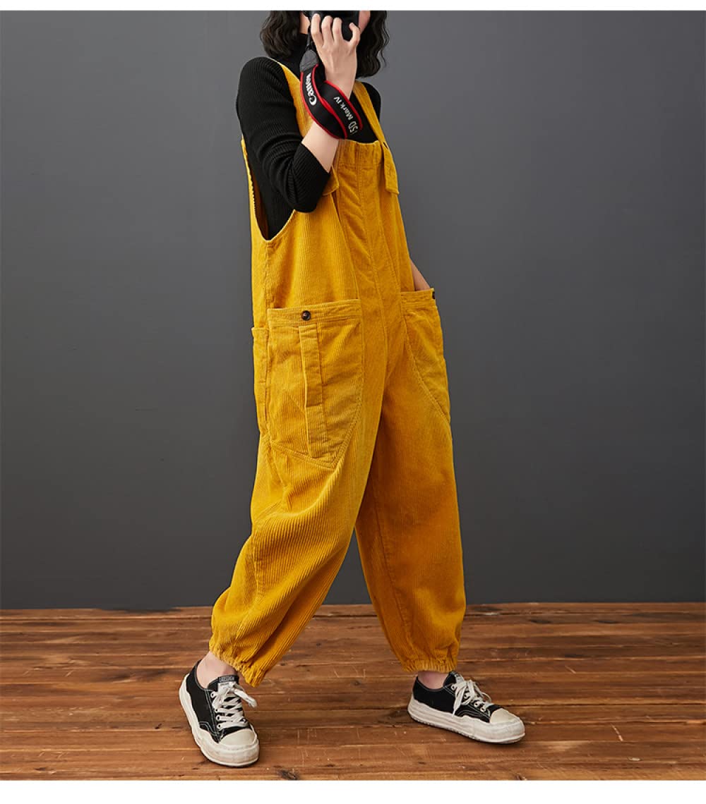 Damen Latzhose - Frauen Herbst Winter Gelb Cord Overalls Lose Plus Größe Strampler Tasche Breites Bein Overalls Für Outdoor Hosen Streetwear