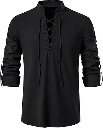 Rodawu Men's Viking/Henley Shirt, Blue, Regular Size, Long Sleeve, Drawstring Collar, Solid Color, Perfect for Men, History Enthusiasts, Versatile Ages
