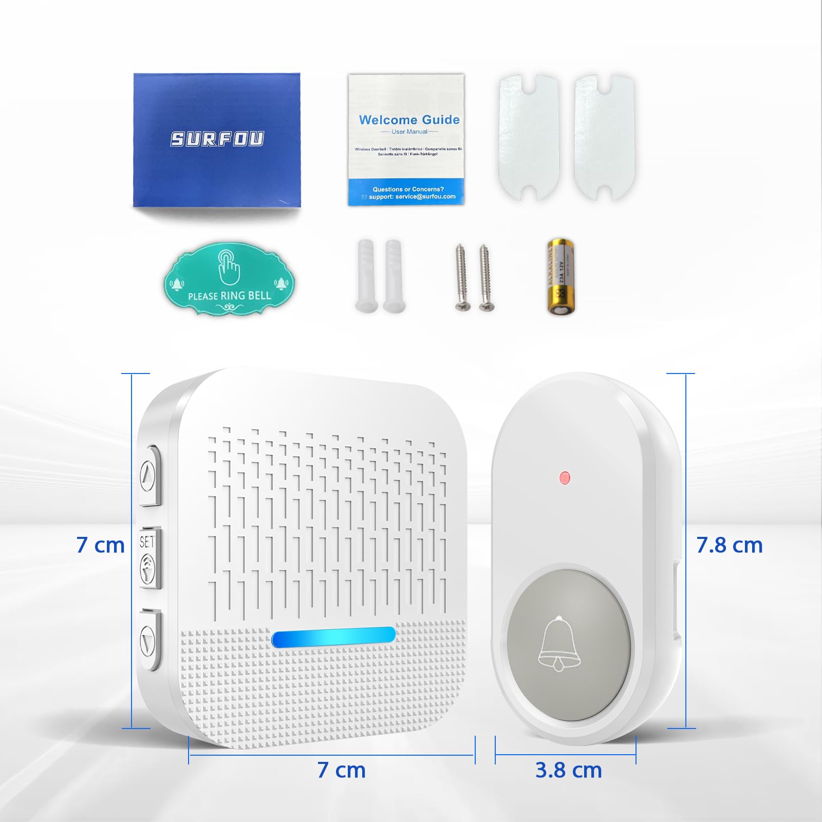SURFOU Timbre Inalámbrico Exterior Impermeable con Batería 300M de Distancia e Enchufe Receptores Timbre para Casa 55 Tonos Incluidos de Navidad 5 Niveles de Volumen e Indicador LED, Blanco