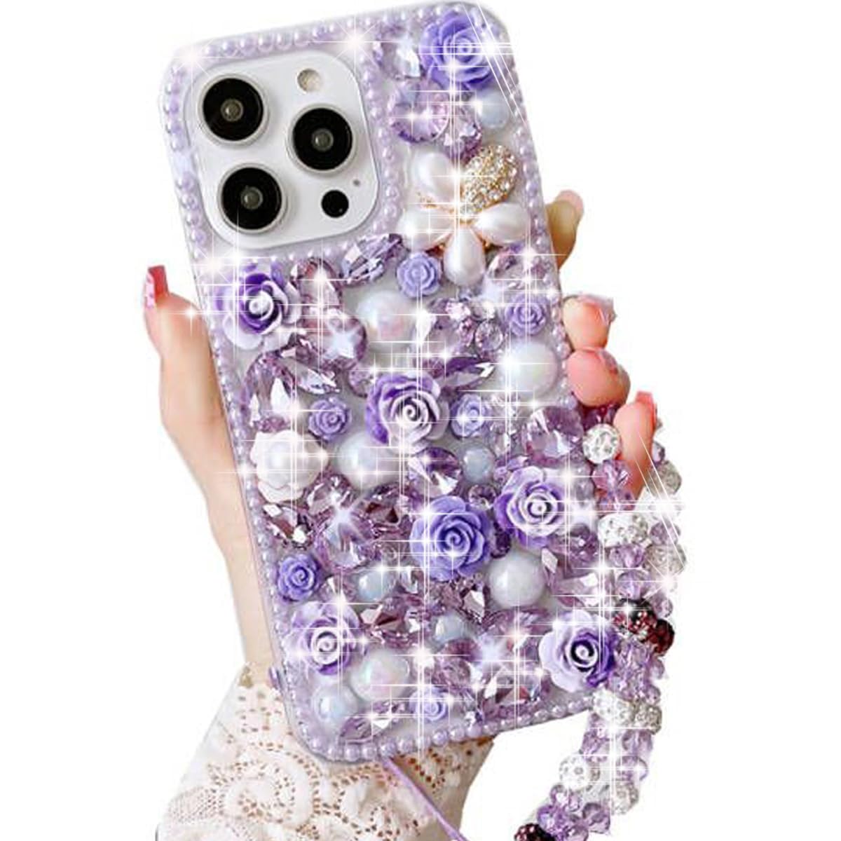 Changjia for iPhone 16 Pro Max Glitter Bling Case,Cute Luxury 3D Sparkle Crystal Rhinestone Flower Diamond Pearl Gems with Lanyard Wrist Strap Women