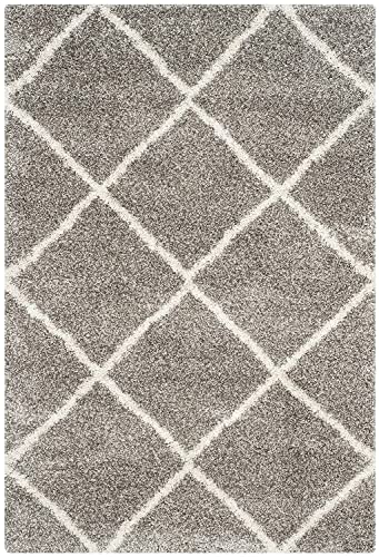 Image of Trellis Design Microfiber Hand Woven Shaggy Carpet Collection with 2 inch Pile Height Carpet for Living Room Size 4x4 feet Square coular Lgrey /Ivory
