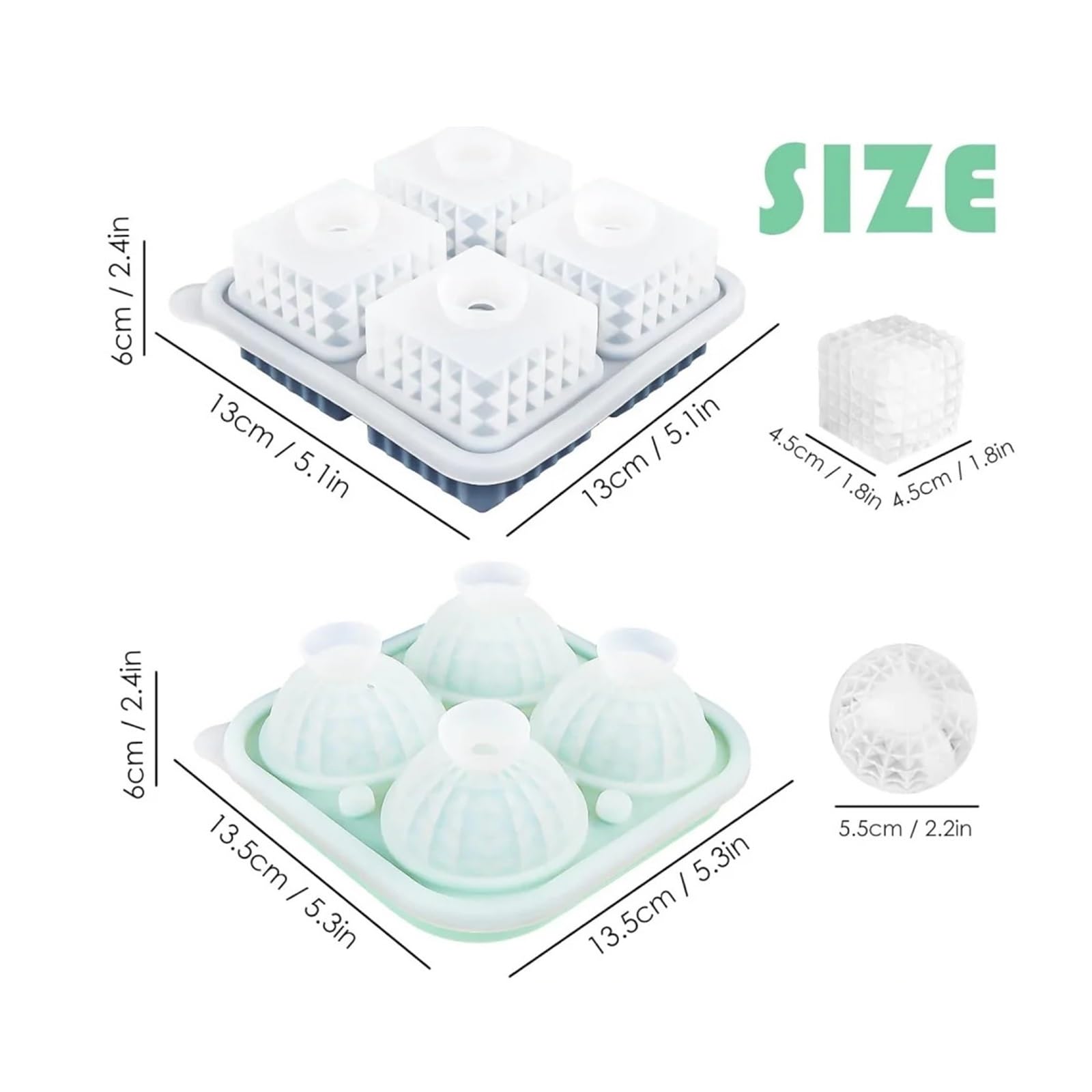 Stampo for ghiaccio con sfera di cristallo a forma diamante, grande vassoio sferico in silicone rotondo a cubo imbuto trasparente(Green Square)