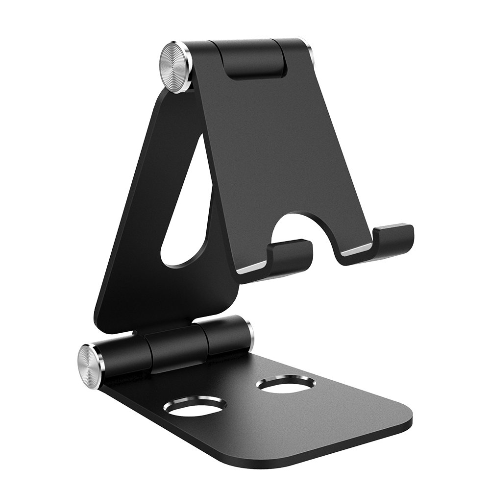Simpeak Phone Stand, Tablet Stand, Dock Stand for Mobile Phone Tablet and eBook, Aluminum Alloy Foldable Desk Stand, Adjustable Angle – Black