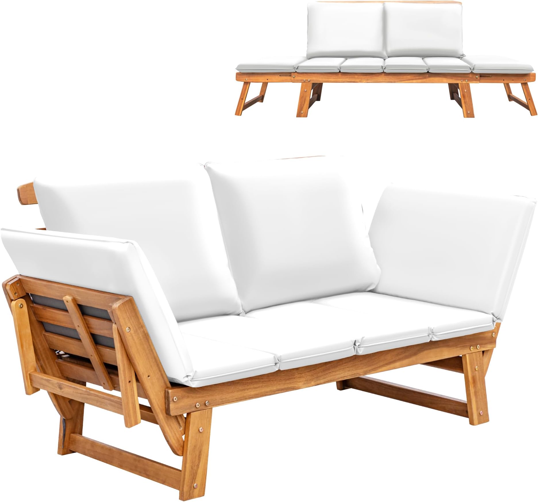 Greesum Patio Convertible Couch Sofa Bed with Adjustable Armrest, Acacia Wood Outdoor Daybed with Cushion & Pillow, Folding Chaise Lounge Bench for Porch Courtyard Poolside๏ผWhite
