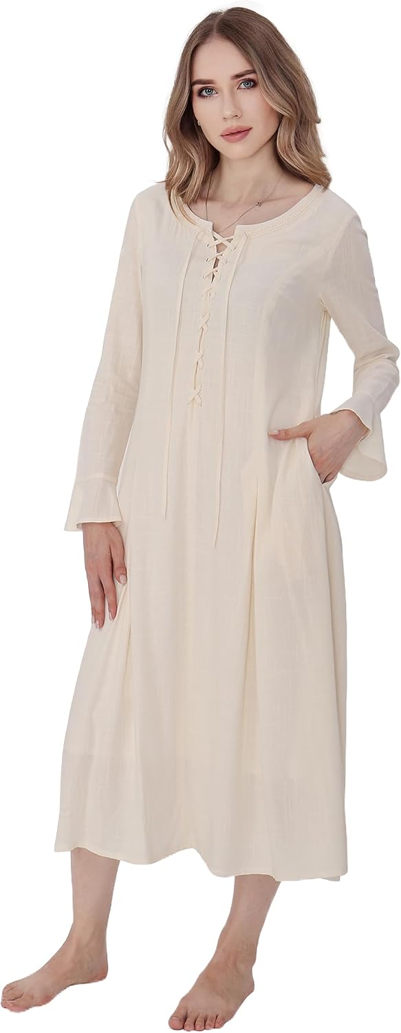 Medieval Linen Loose Dress Vintage Long-Sleeve Tunic for Renaissance Costume Women