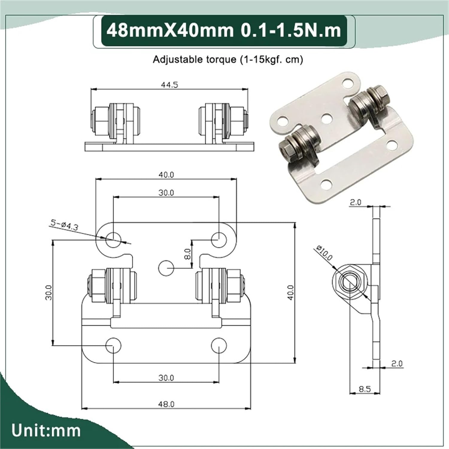 304 Stainless Steel Adjustable Torque Damping Hinges 1Pcs(48mmX40mm 0.1-1.5N.m)