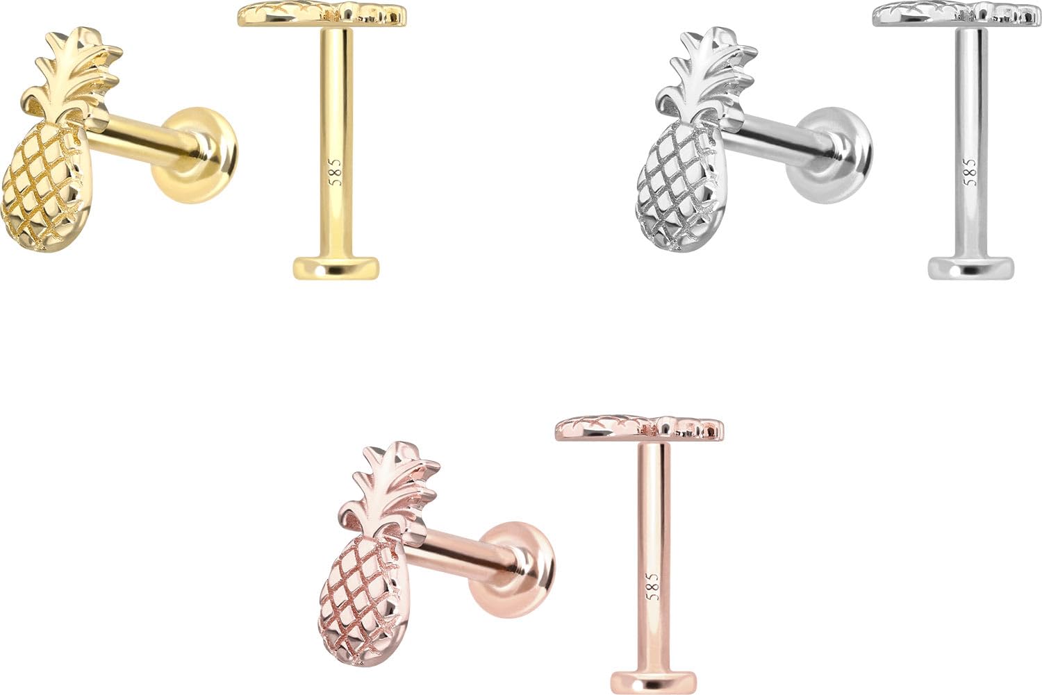 PIERCINGLINE Piercing Stecker 14 Gold Labret mit Innengewinde ANANAS 585er Gold - Roségoldfarben, Goldfarben, Silberfarben