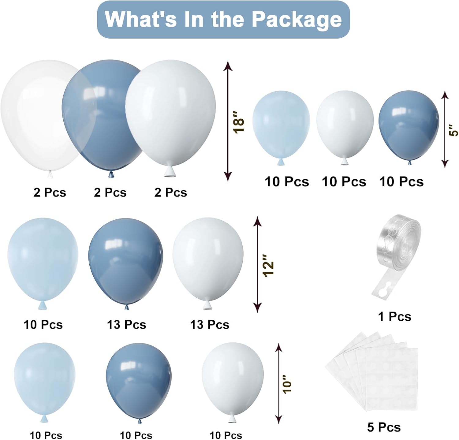 Dusty Blue Balloon Arch Kit, 102pcs Light Blue and White Difference Sizes Latex Balloons with 16ft Tape Strip & Dot Glue for Baby Shower, Birthday, Anniversary,Wedding Decoration