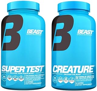 Super-Test and Creature Creatine Combo Pack: Beast Testosterone Booster Supplement and Creatine Pills, Synergistic Muscle Stack to Build Powerful Lean Muscle, Boost Strength/Endurance, 180 Caps Each