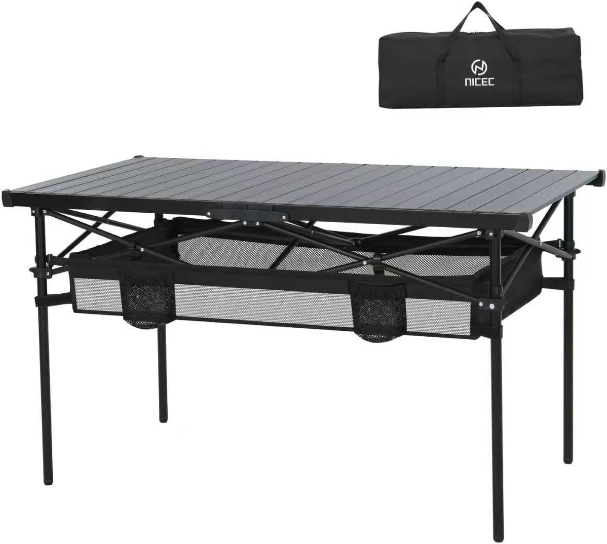 Nice C Portable Folding Camping Table, Aluminum Lightweight Roll-up Top Indoor&Outdoor Collapsible Table, with Mesh Net, Cup Holder, Carry Bag, Steel Frame, for Camping, Sports, BBQ, Picnic (Black)