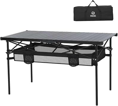 Nice C Portable Aluminum Roll-Up Top Folding Camping Table Black | Lightweight Collapsible Table, Mesh Net, Cup Holder, Steel Frame, Carry Bag, Outdoor, Indoor, Sports, Picnic, BBQ