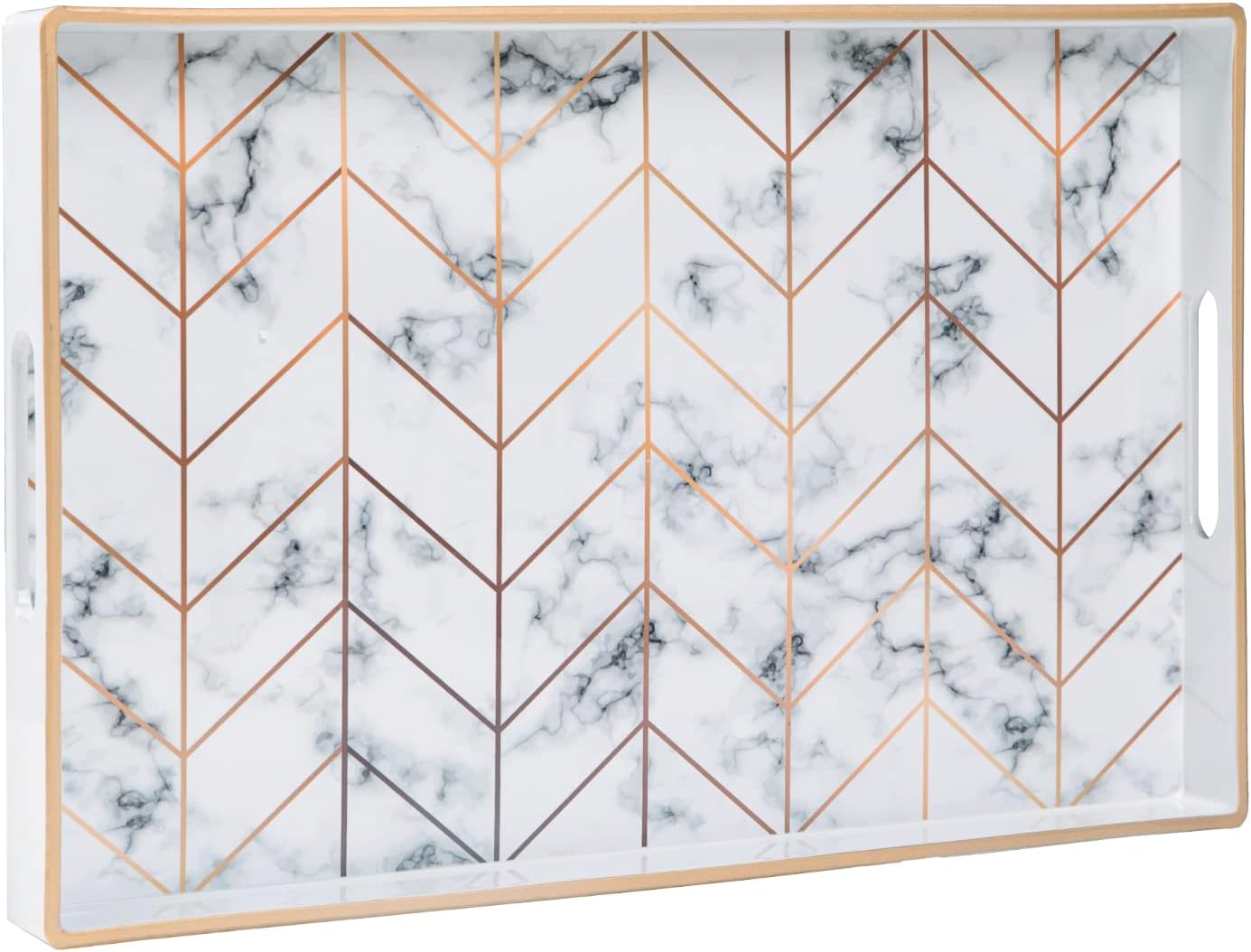 MAONAME Rectangular Decorative Tray, Modern White Serving Tray with Handles, Marbling Plastic Trays for Ottoman, Coffee Table Trays for Living Room, Home Decor, 15.8" x 10.2" x 1.4"