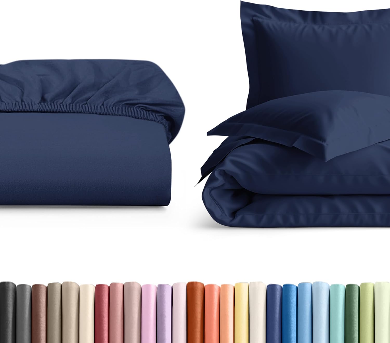 Queen Size Fitted Bed Sheet + Duvet Cover Bundle - Hotel Luxury Single Fitted Bottom Sheet Only - Fits Mattress with Deep Pockets Between 8 to 16 inches - Soft, Breathable and Wrinkle Free - Navy Blue
