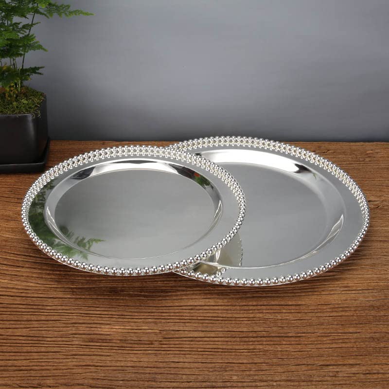 Silver Plated Round Beaded Serving Tray For Dinner Charger Plate (8in)