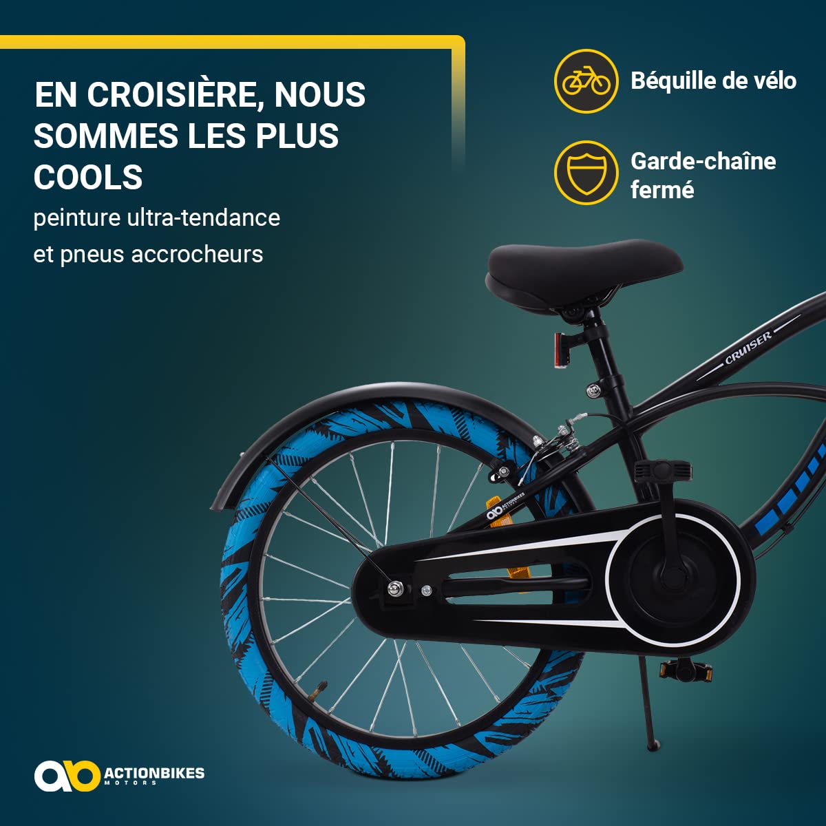 Actionbikes Vélo Enfant Cruiser - 18 Pouces - Frein Caliper - Roue Libre - Garde-chaîne - Support vélo - Pneus gonflables - Vélo Enfant - VTT - De 5 à 8 Ans