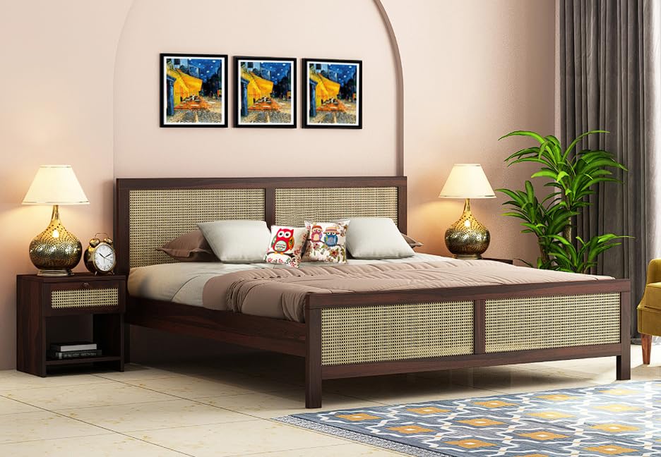 Image of Sheesham Wood King Size Bed Without Storage for Bedroom, Wooden Cane Furniture Hotel & Guest House (80x75x40 inch)