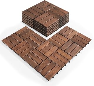Premium Acacia Wood Interlocking Deck Tiles 9-Pack 12x12 - Waterproof Weather-Resistant Patio Flooring for Balcony Backyard Indoor Outdoor Dark Brown