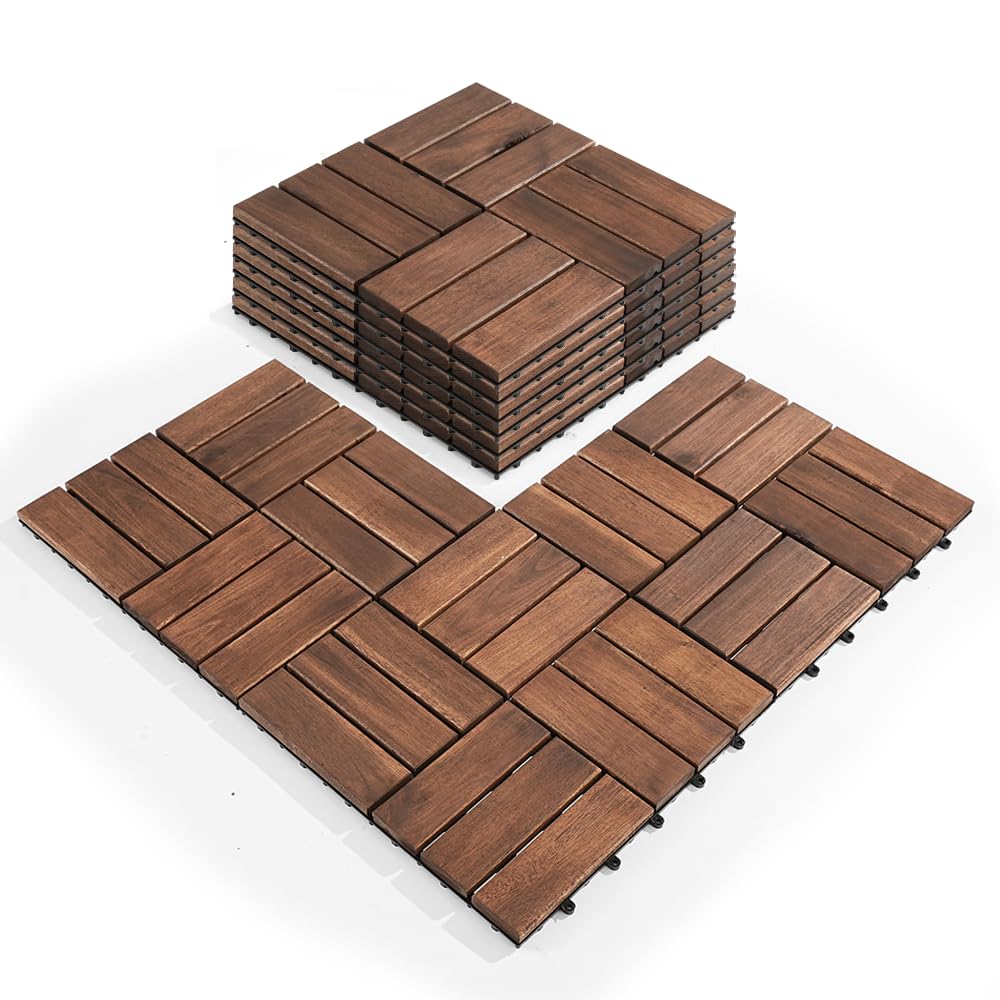 Premium Acacia Wood Interlocking Deck Tiles 9-Pack 12x12 - Waterproof Weather-Resistant Patio Flooring for Balcony Backyard Indoor Outdoor Dark Brown