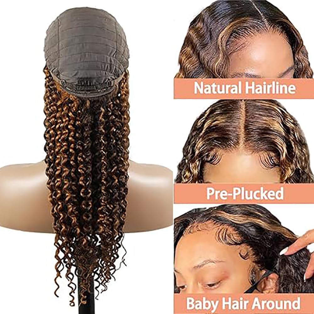 Pelucas Mujer Pelo Natural Humano Bone Curly Wave Human Hair Wig 4X1 Lace Closure Cabello Humano Glueless Wear and Go with Baby Hair Bleached Knot Highlight Brown Color 34 Inch