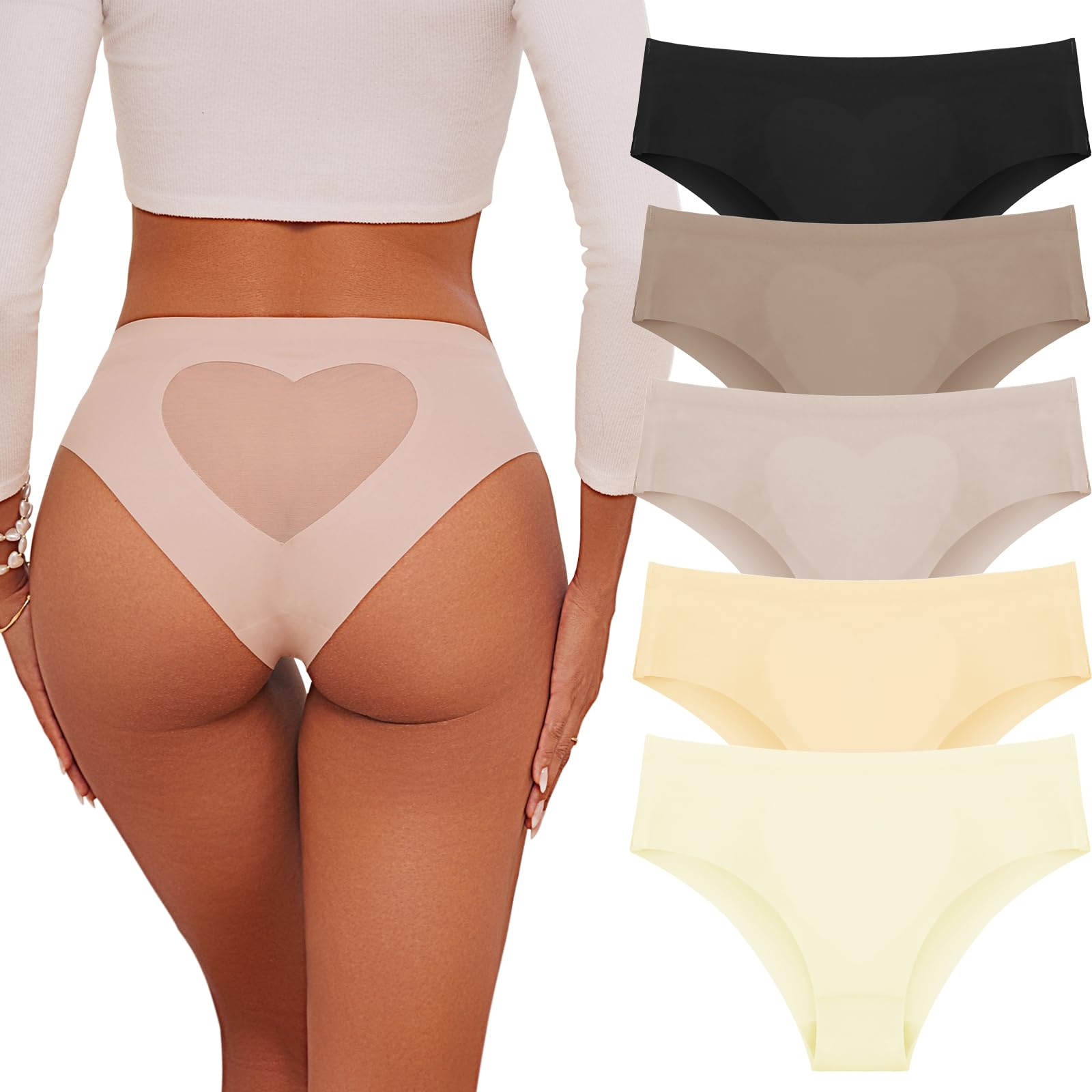5 Pack Seamless Underwear for Women Cheeky High Waisted Bikini Panties Heart-Shape No Show Underwear