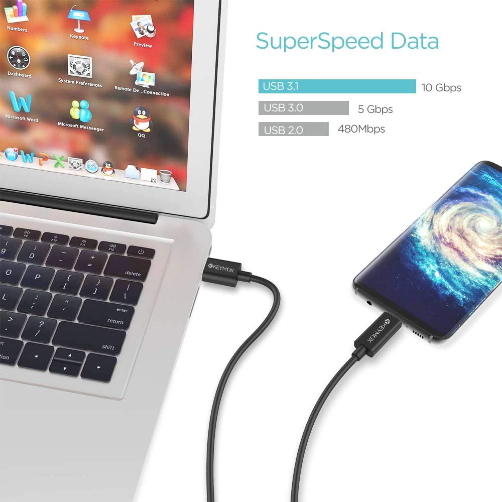 KEYMOX Type C Cable,USB C to USB-A Male 3.1 Gen2 Adapter Charger Cable,USB-IF Certified,for Samsung Galaxy Note 8,S8, S8+,S9,S10,iPad Pro 2018, MacBook, Sony XZ, LG V20,HTC 10 and more -3 Feet Black