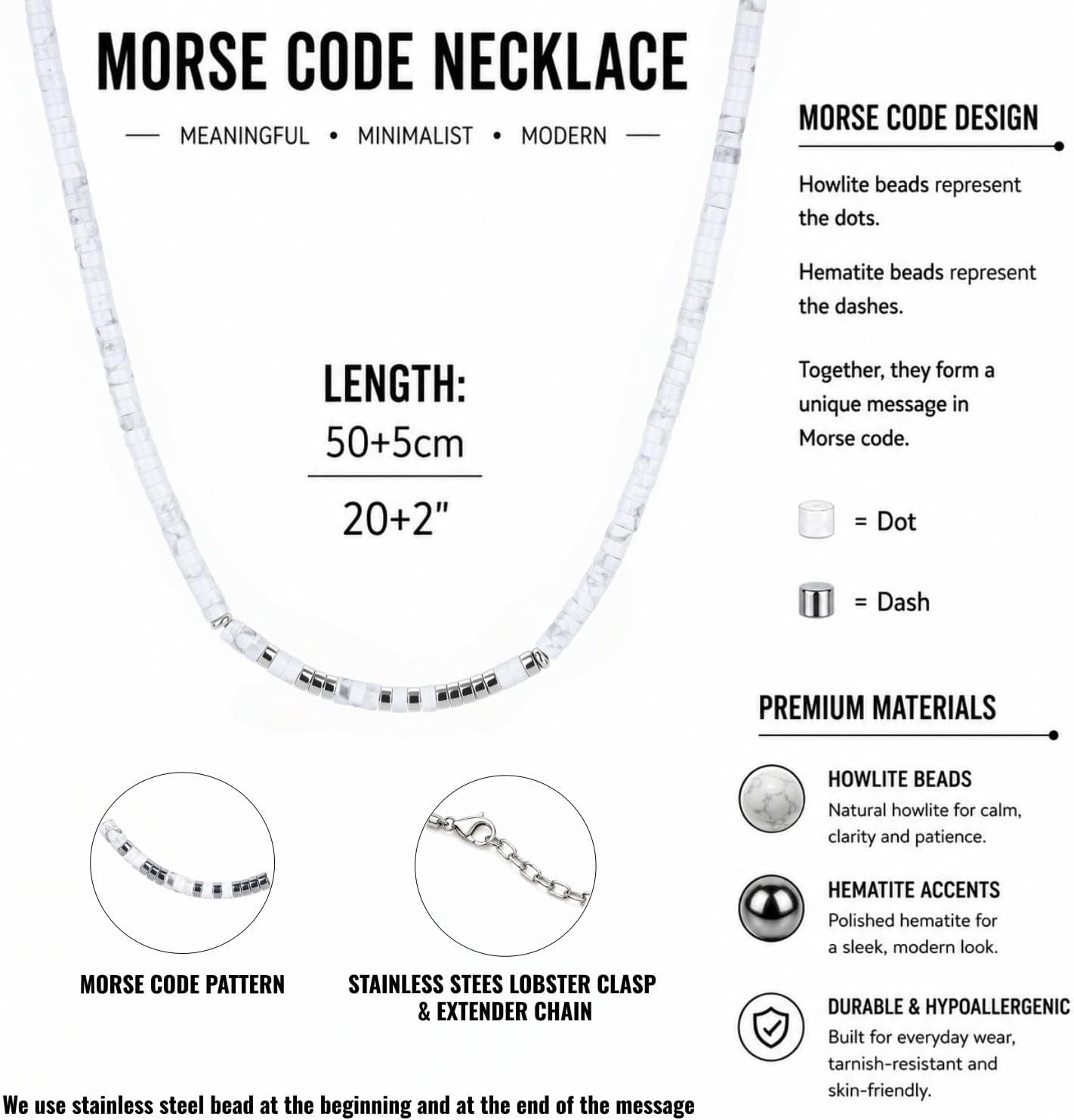 COAI Morse Code Necklace for Men, Heishi Stone Beaded Necklace for Men, Adjustable Length 20" with 2" Extender