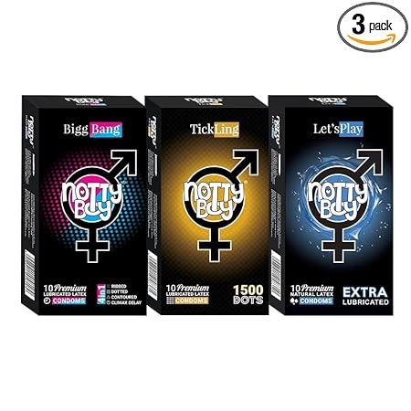 NOTTY BOY Special Love Variety Combo Pack Condoms - Extra Time, Ribbed, Super 1500 Dotted, Extra Lubricated (30 Piece, Pack Of 3)