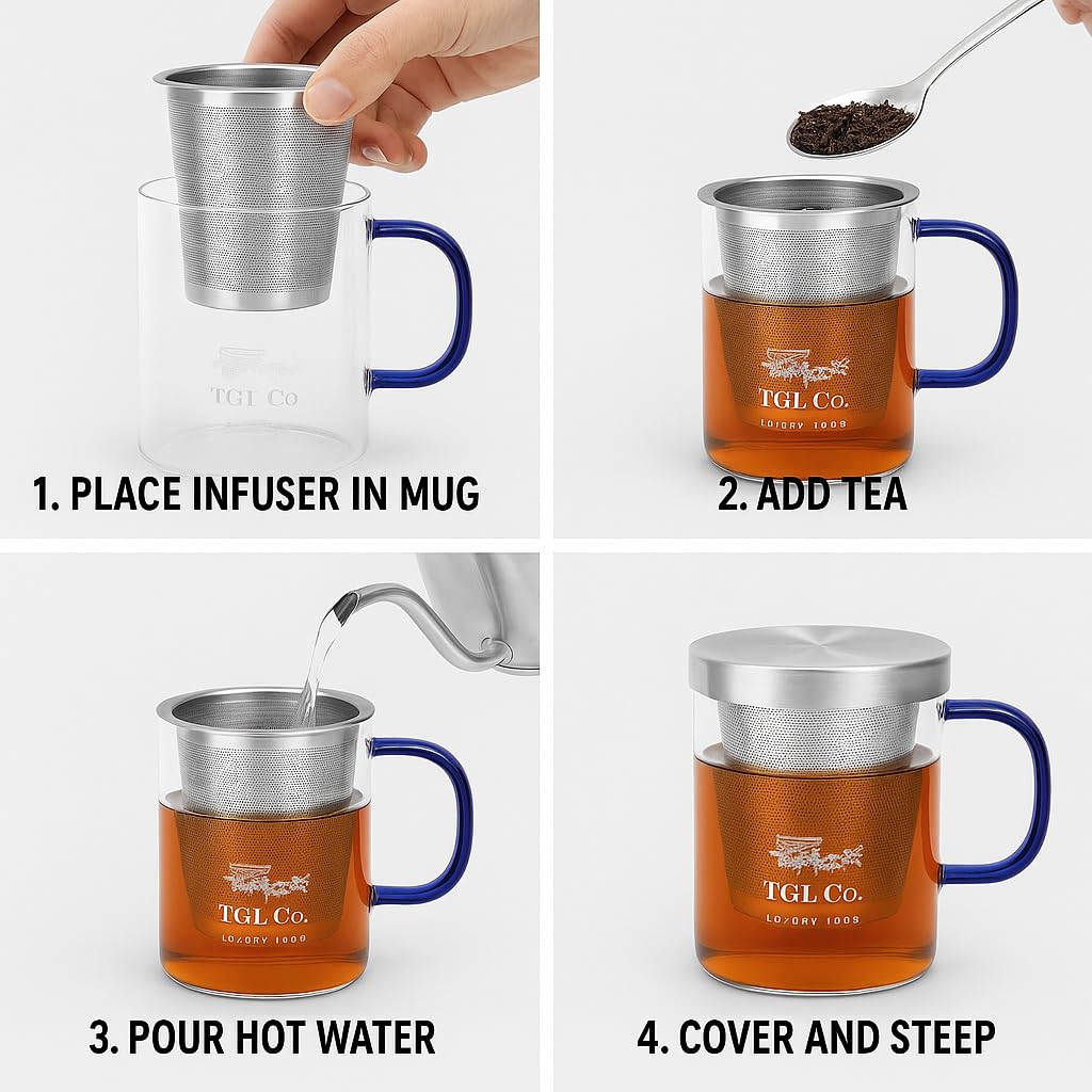 TGL Co. The Good Life Company Glass Tea Mug with Steel Infuser (500Ml) | Silver Lid | Heat-Resistant Borosilicate | Loose Leaf & Herbal Tea Brewer | Dual-Purpose Glass Lid | Elegant & Durable Design 1