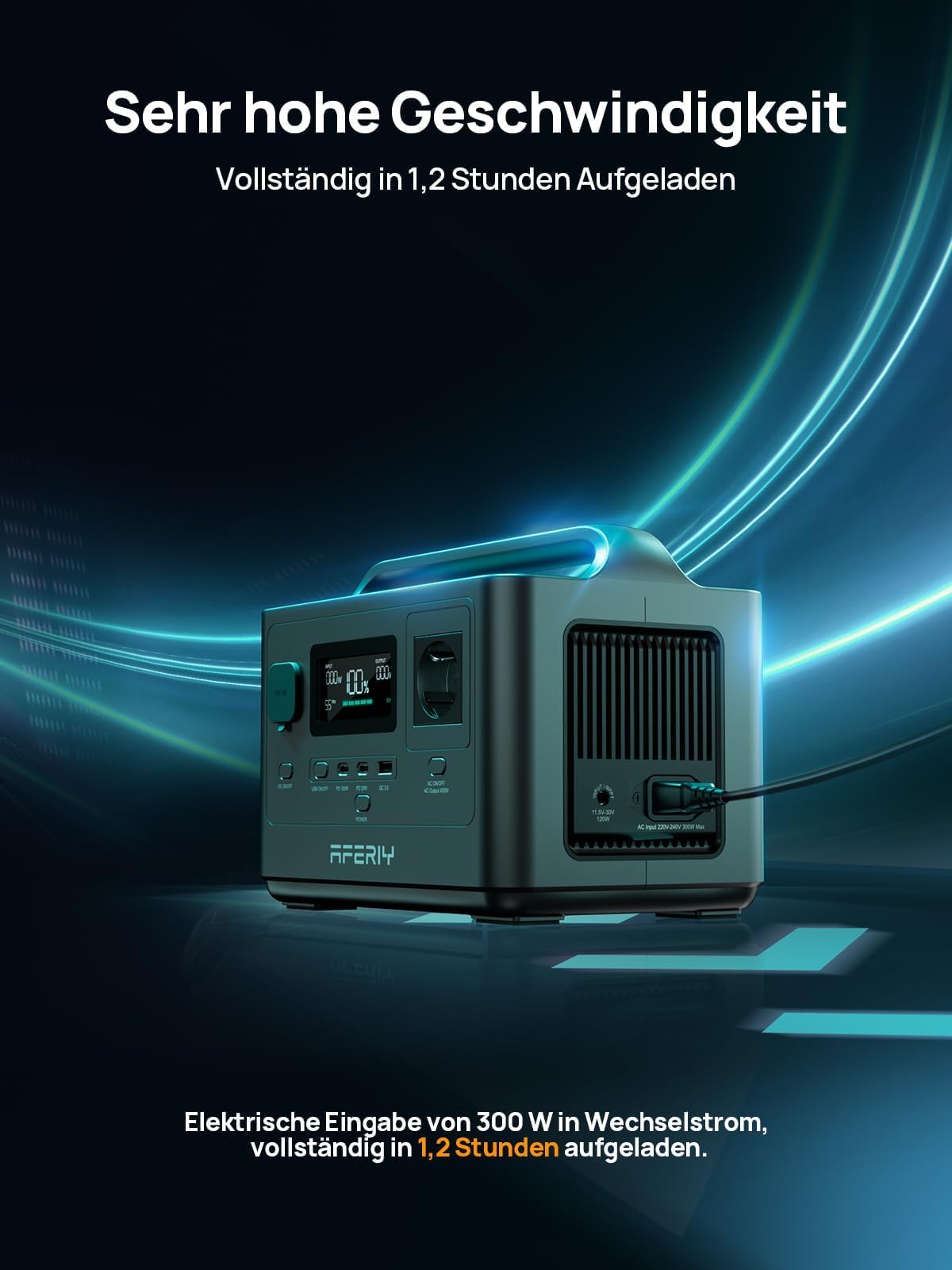 AFERIY 400W Tragbare Powerstation, 256Wh LiFePO4 Batterie, 1,2 Stunde Schnellladung, 5 Anschlüsse, Sinuswellen 230V, USV, Solargenerator für Camping, RV, Outdoors